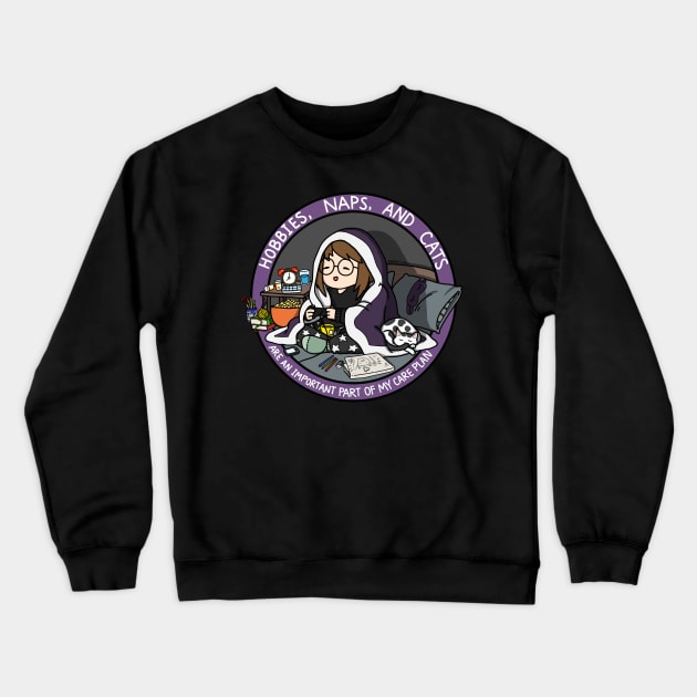 Hobbies, Naps, and Cats (Purple) Crewneck Sweatshirt by InsomniaDoodles